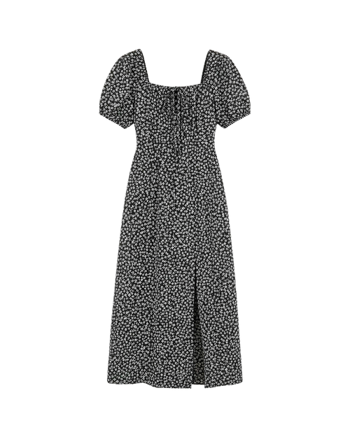 Coraline Puff-Sleeve Maxi Dress - Black White Ditsy Floral