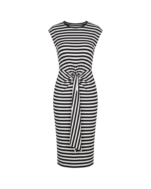 Delphine Knot-Waist Midi Dress - Black White Stripe