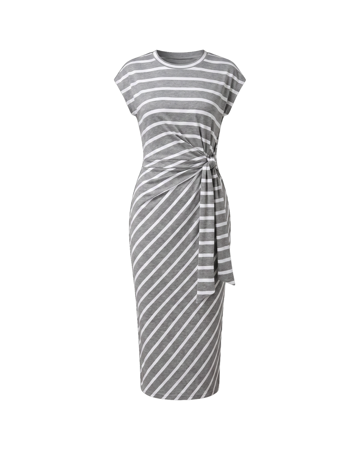 Delphine Knot-Waist Midi Dress - Grey White Stripe