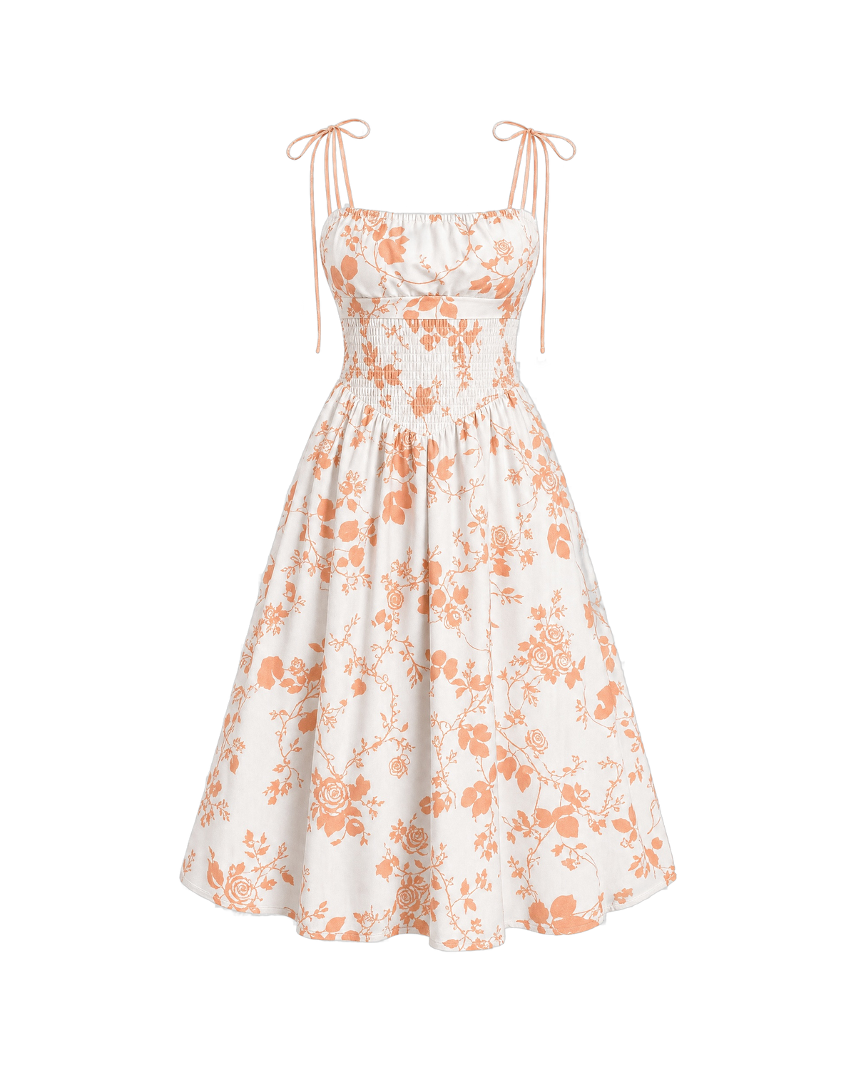 Marigold Shirred Midi Dress - Orange Peach Floral
